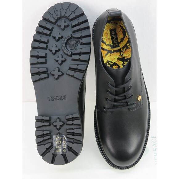 NIB VERSACE BLACK LEATHER GOLD MEDUSA LOGO DERBY LUG SOLE OXFORDS 44 11 main image 5